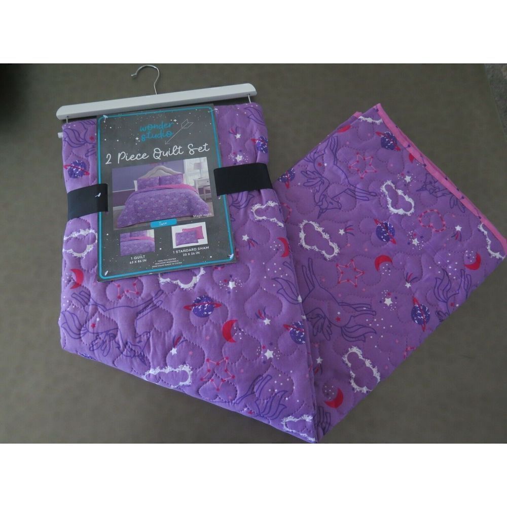 Wonder Studio "Magic Night" Unicorn Purple & Pink 2 pc. Twin Bed Quilt Set $140+